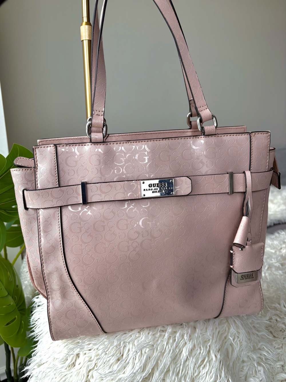 Vintage Y2K GUESS Pink Monogram Tote Shoulder Bag Logo Charm Purse